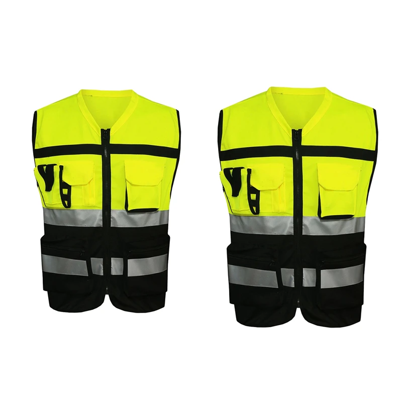 

2 Pcs 7 Pockets Class 2 High Visibility Zipper Front Safet Yellow Vest With Reflective Strips X & XL