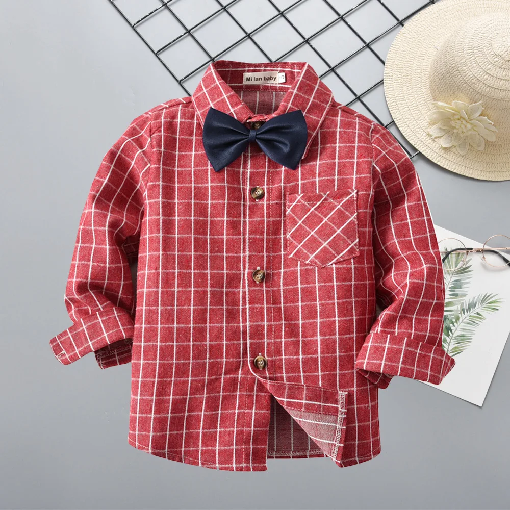 

Selling New Spring And Autumn Boy Lapel Long Sleeve Cotton Single Breasted Lattice Bow Europe America 2021 College Style Shirt