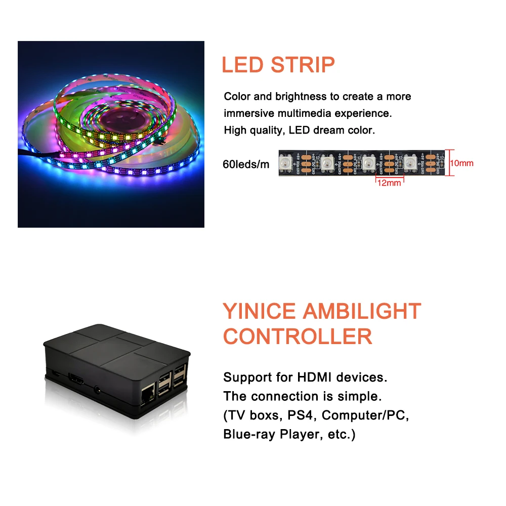 Ambilight динамическая ТВ ПОДСВЕТКА ДЛЯ 4K HD tv HDMI устройство гибкие Смарт пиксели RGB Светодиодные полосы DC5V Raspberry Pi 40-80 дюймов полный комплект