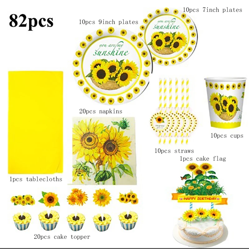 

82Pcs You are My Sunshine Theme Kid's Birthday Party Decoration Supplies Disposable Tableware Plates Tablecloth Straws Napkins