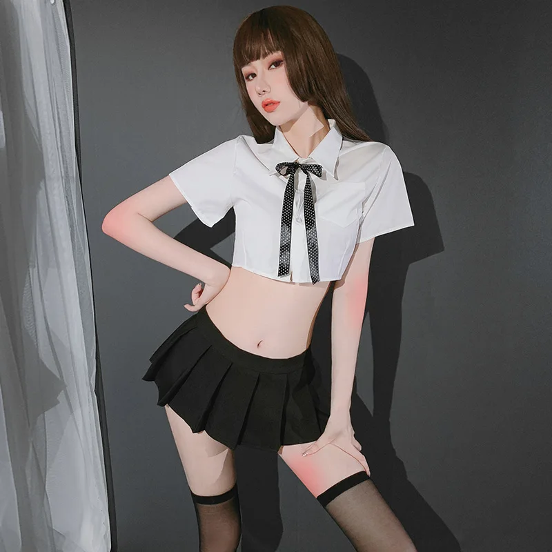 

School Girl Uniform Queen Fancy Porno Party Costume Club Outfit Sexy Student Cosplay Party Crop Top & Pleated Skirt Lingerie Set