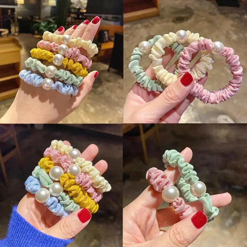 

New Imitation Pearl Silk Satin Scrunchie Fabric Girls Hair Rubber Elastic Bands Accessories Tie Hair Rope Y7T3