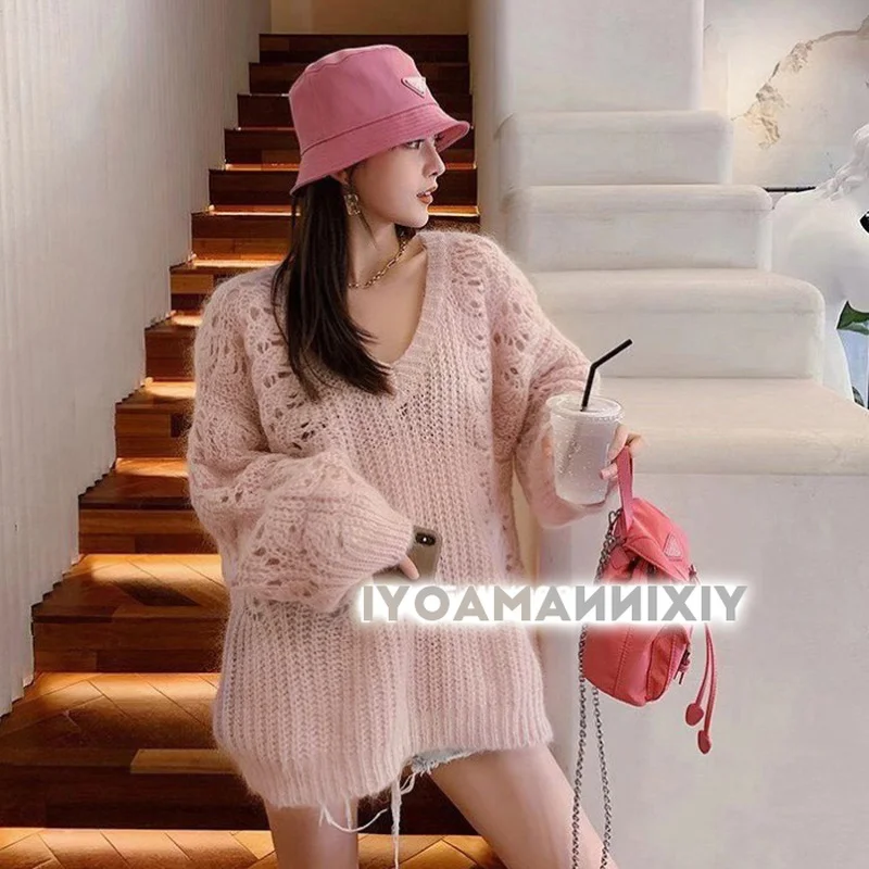 

Y2kMohair мягкий теплый свитер с вырезами женский длинный Осень 2022 Новинка корейский свободный свитер с V-образным вырезом и длинным рукавом пул...