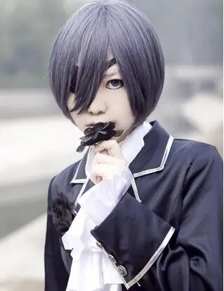 Парик женский для косплея короткие прямые с челкой смешанные голубые цвета