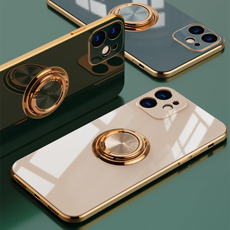 

Luxury Plating Silicone Case For iPhone 13 12 11 Pro Xs Max Mini SE X XR 7 8 Plus Plain Metal Ring Holder Stand Soft Phone Cover