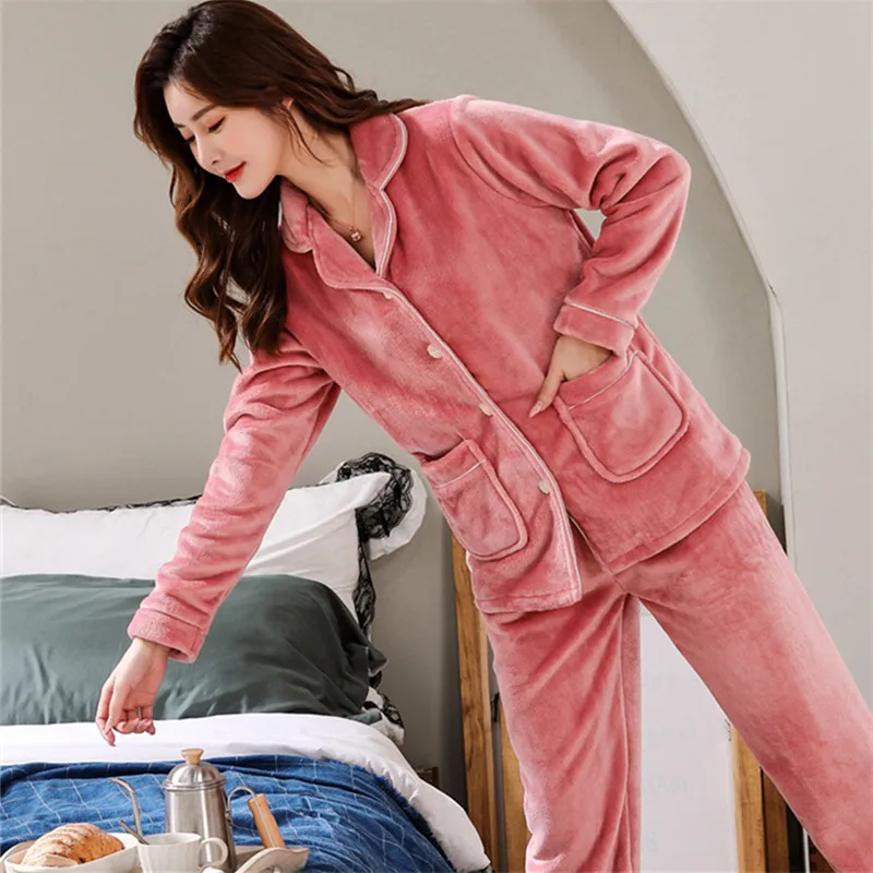 Осенне-зимняя Милая женская Фланелевая пижама с длинным рукавом свободный