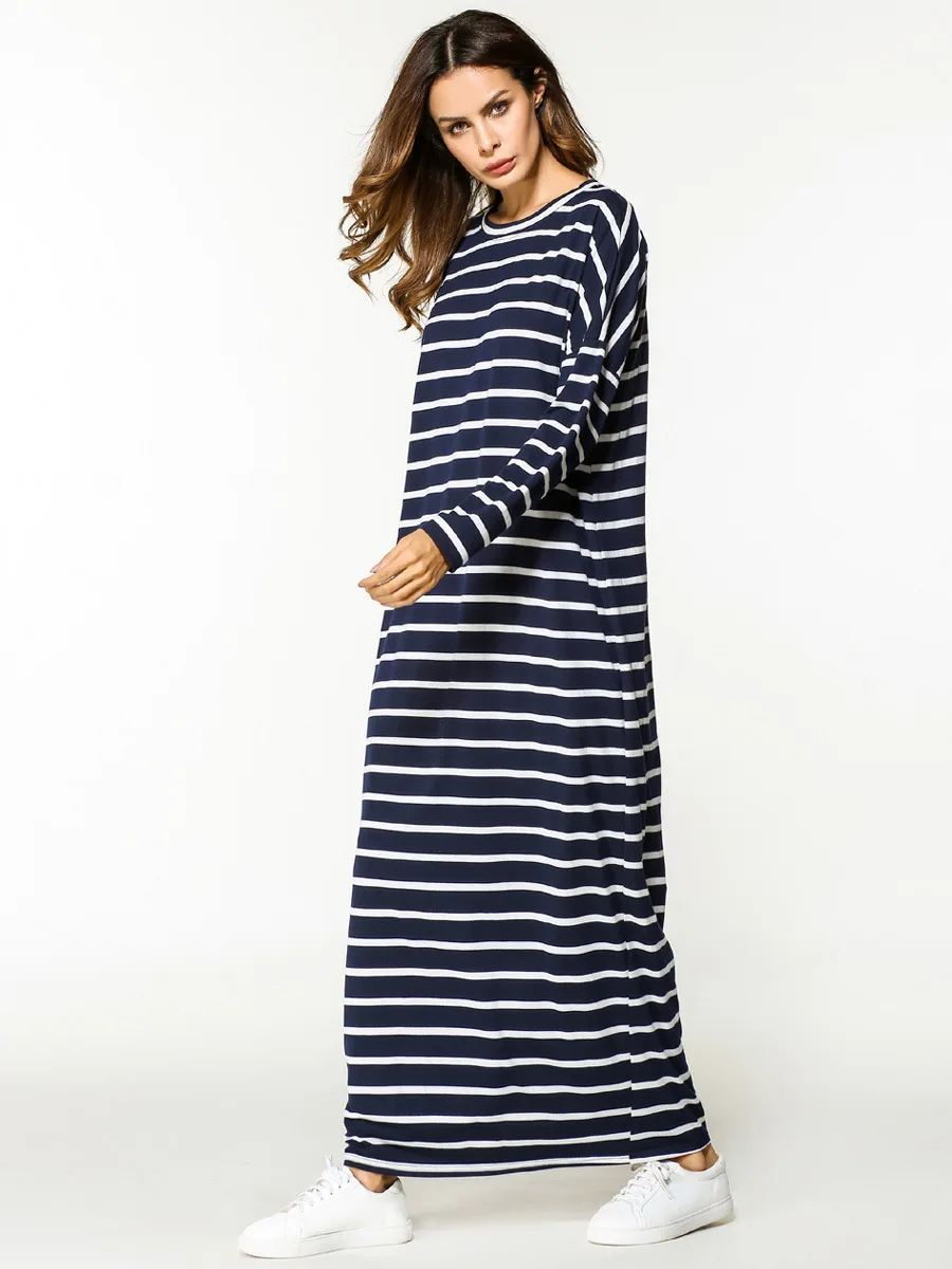 

Muslim Dress Women Striped Elegant Long Sleeve Maxi Dresses Kimono Kaftan Worship Service Tunic Middle East Arab Islamic Clothes