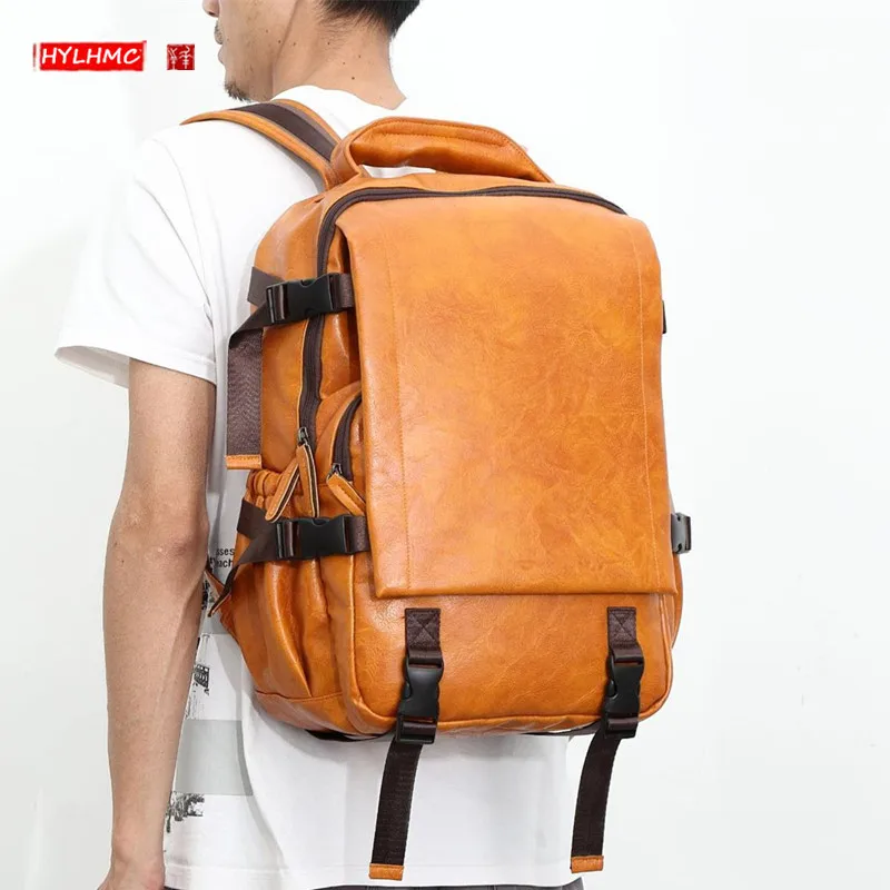 

Новинка 2022, кожаный мужской рюкзак HANSOMFY в стиле ретро, вместительная сумка для ноутбука, школьная сумка, мужские дорожные рюкзаки, трендовые...