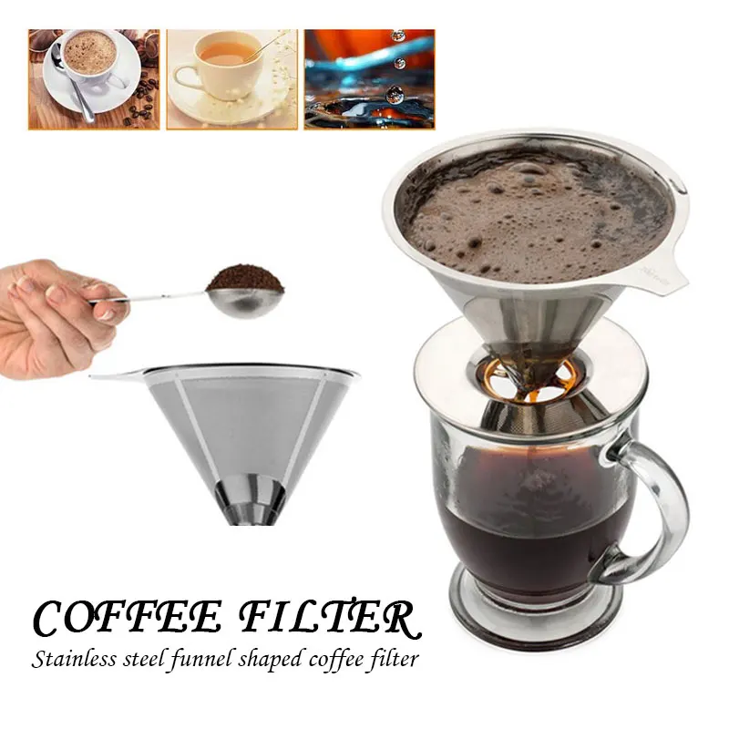 

Stainless Steel Coffee Funnel Restaurant Tea Coffeemaker Kitchen Coffee Filter Mesh Cone Reusable Coffee Filter Dripper Baskets
