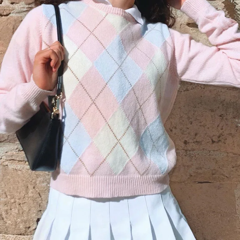 

Knitted Top Fashion Vintage Pink Argyle Plaid y2k Woman Sweaters 2021 Autumn Pullover Preppy Style Girls Knitwear Sweater Jumper