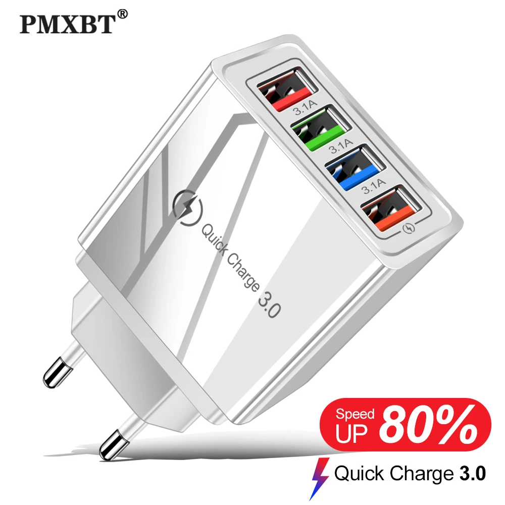 

Mobile Phone Charger 4 USB Charger For iPhone 7 8 Samsung A50 A51 Xiaomi mi 9 Tablet QC 3.0 Wall Charge US EU Plug Power Adapter