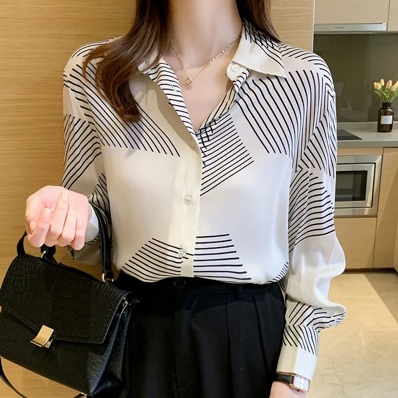 French Classic Geometric Stripe Printed Women's Long Sleeve Shirt New Satin Cotton Chiffon Top White Casual Blouses
