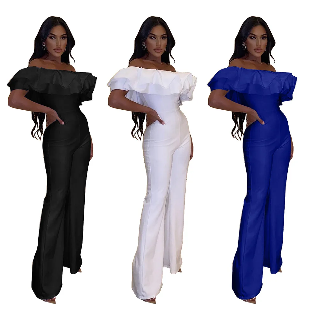 

2021 new women's fashion casual solid color cuffed flared jumpsuit