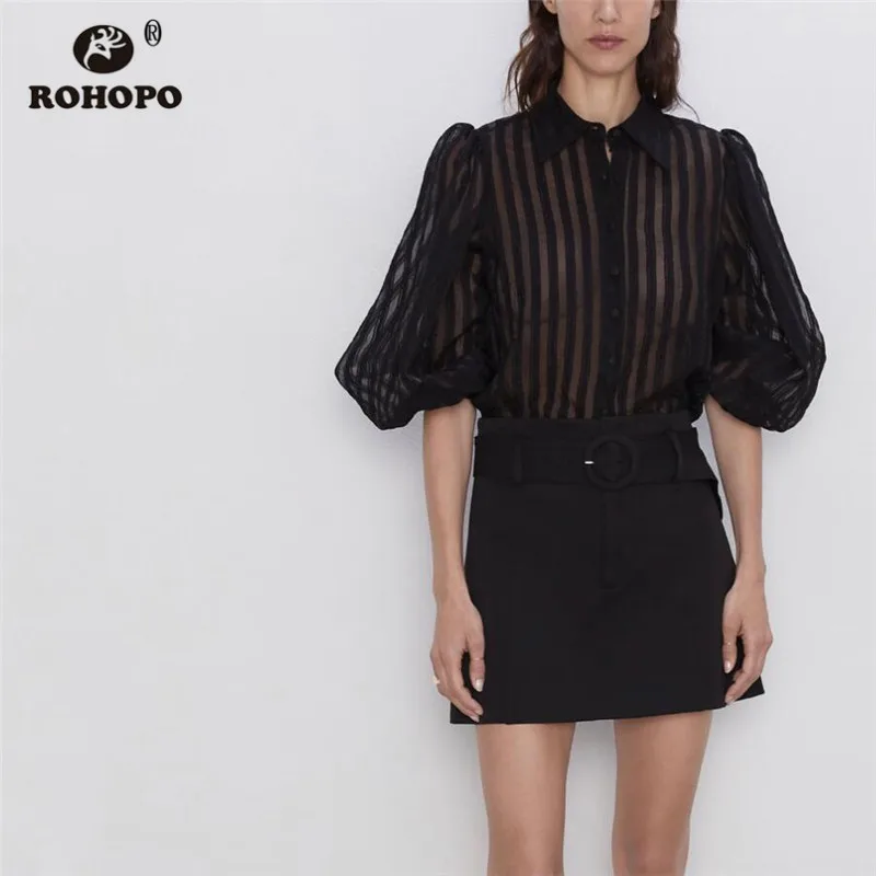 ROHOPO/Осенняя черная блузка с длинными рукавами и вертикальными ребрами