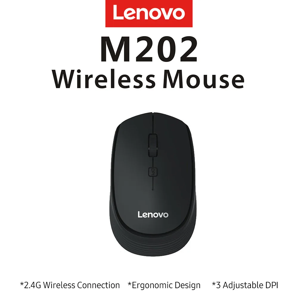 Lenovo M202 2.4GHz Wireless Mouse Office 4 Keys Mute Mice Ergonomic Design with 3 Adjustable DPI for PC Laptop Black | Компьютеры и