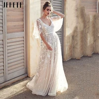 jeheth flare sleeve v neck lace tulle boho wedding dress elegant a line backless bride gown white floor lenght vestidos de novia