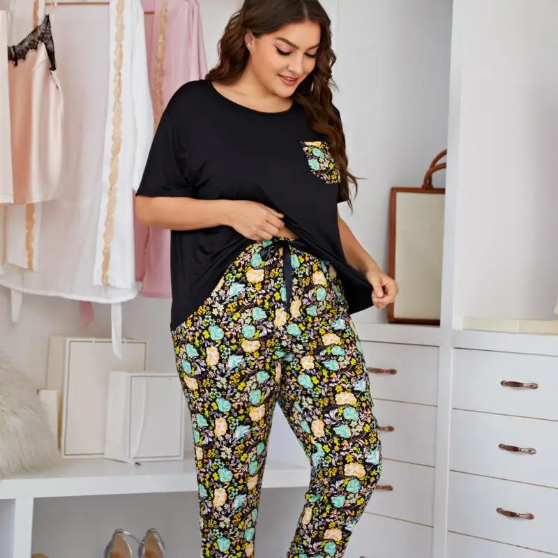 

Plus Size Women Pajamas Set Sleepwear Spring Summer Short Sleeve Pyjama Pour Femme Trouser Suits Loose Casual Home Clothes Suit