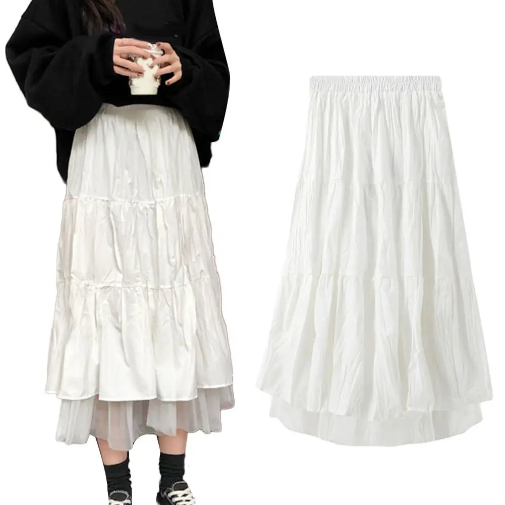 

2020 New Spring Women Long Maxi Pleated Skirt Midi Skirt High Waist Elascity Casual Party Skirt Vintage Tulle Elastic High Waist