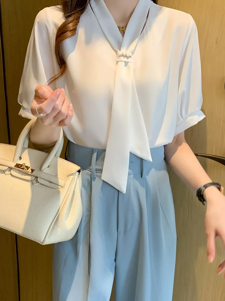 

Women's Blouses Chiffon Shirt V-neck Shirts Slim Solid Fashion Top Lady Casual Blouse Short Sleeve Tops Buttons Houthion