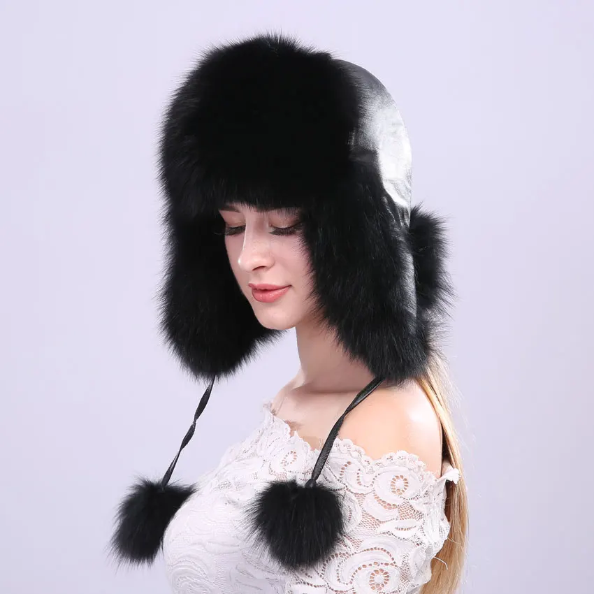 

100% Real Fox fur Women's Russian Ushanka Aviator Trapper Snow Skiing Hat Caps With Ear Flap Winter Raccoon Fur Bomber Hat
