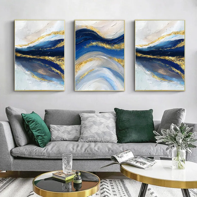 

Abstract Watercolor River Golden Lines and Blue Wall Poster Print Modern Canvas Painting Art Room Decoration Pictures Home Decor