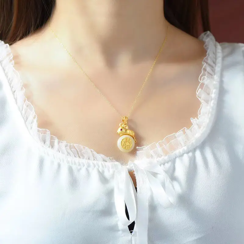 

Natural Hetian white jade mouse Yuanbao Pendant Necklace Chinese style unique ancient gold craft light luxury silver jewelry