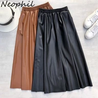 neophil 80cm women leather long skirts pockets 2022 winter elastic waist a line flare skirt brand thick latex falda larga s21864