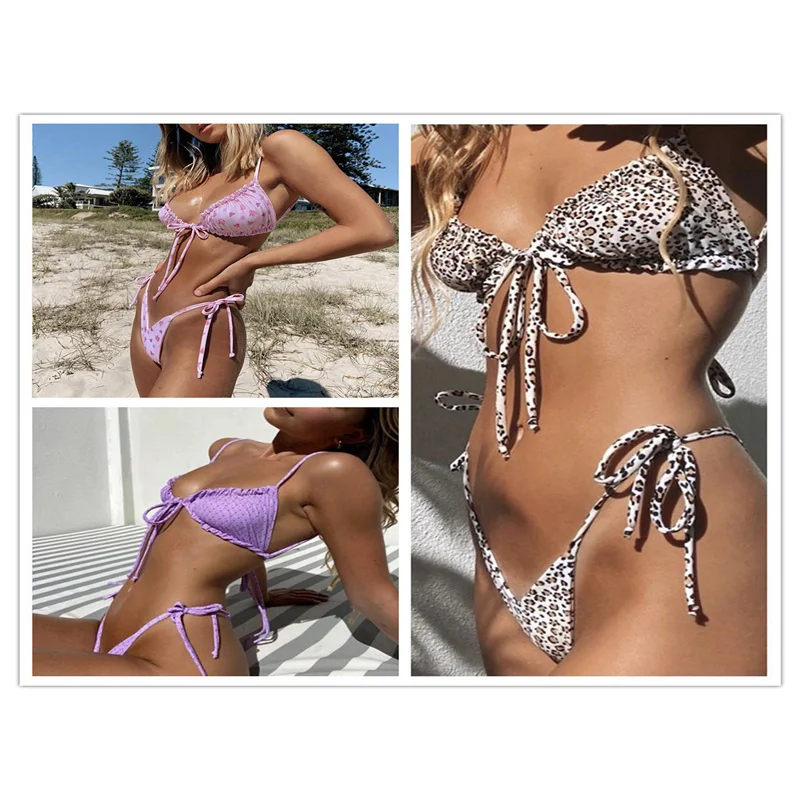 

Women's Sexy 2Pcs Bikini Set Elastic Drawstring Sling Bra with Low-waisted Thongs Split Style Swimsuit Suit for Beach/Swimming
