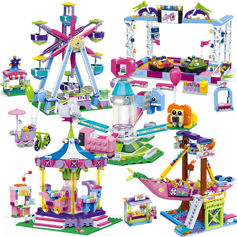 Friends Amusement Park Building Blocks Ferris Wheel Carousel Pirate Ship Bumper Car Educational DIY Bricks Toys for Girls Gifts