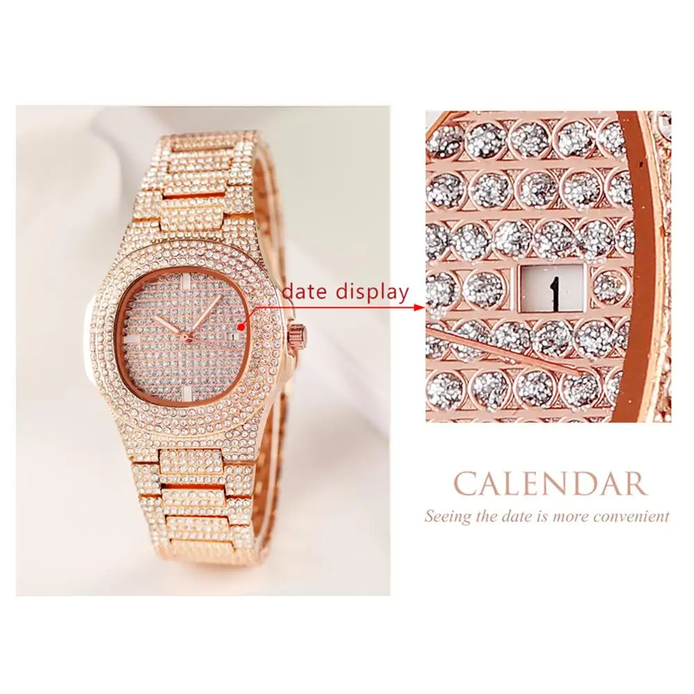 Женские часы Топ бренд Кварцевые Полный Алмаз Нержавеющая сталь женские золотые