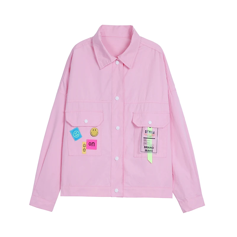 

Korea Vogue Patchwork Candy Jeans Jackets Women Smile Patch Loose Casual Thin Denim Coats Trend Streetwear Preppy Sun Protection