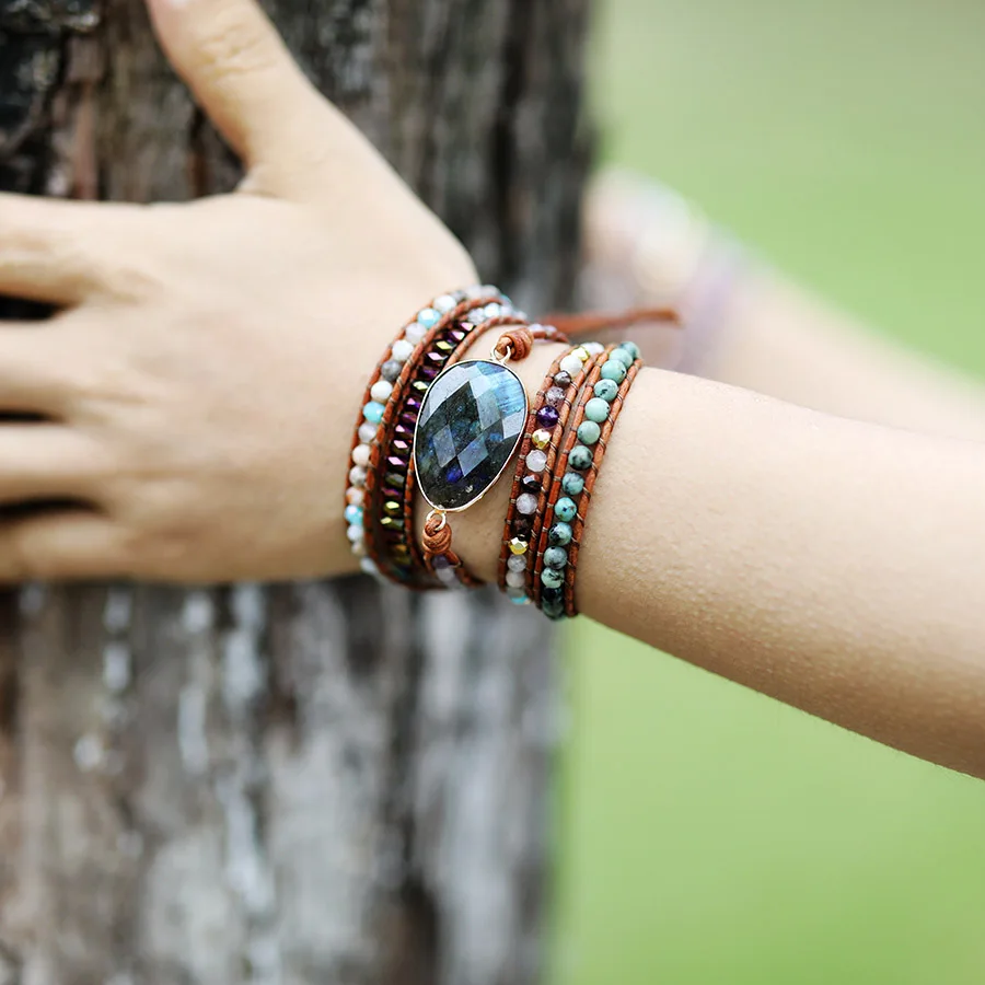 Exclusive New Women Boho Bracelets Labradorite 5 Times Leather Strap Woven Wrap Beads Bracelets Femme Dropshipping