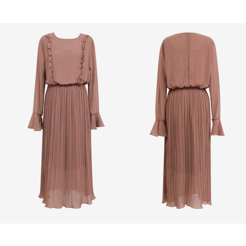 

GOOHOJIO Elegant O-neck Ruffles Women Dress Chiffon Flare-sleeve Elastic Waist Female Dress 2020 Spring Summer Vestidos Femme