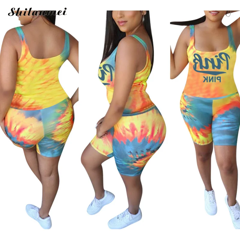 

Plus Size Women Tracksuit Pink Letter Tie Dye Print Two Piece Set Casual Sleeveless Tank Top And Biker Shorts Sport Outfits Suit
