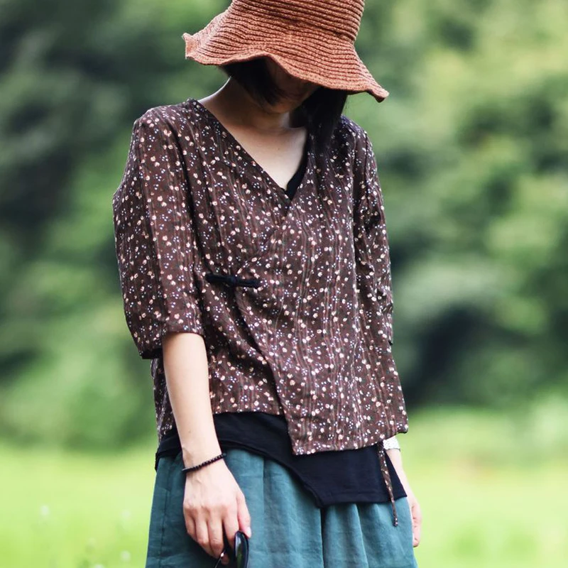 Женские винтажные рубашки с принтом Johnature свободные хлопковые и льняные блузки