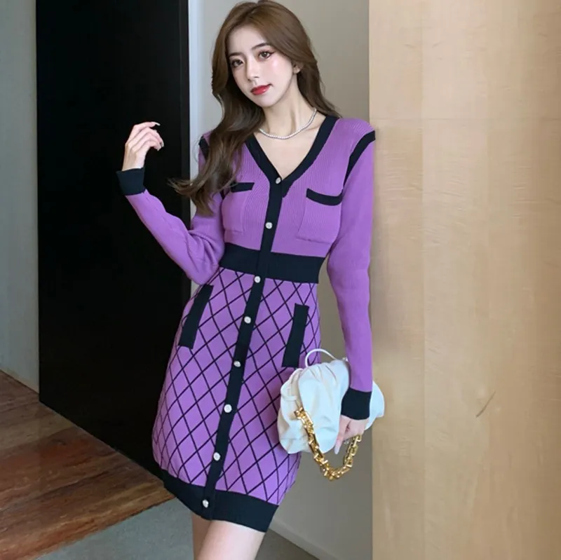 

2021 Autumn Winter fashion Temperament women Small Fragrance Patchwork Knitted Sweater Dress