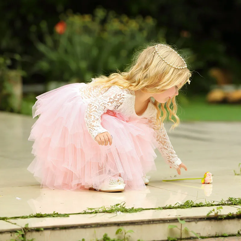 Кружевное платье с длинными рукавами для девочек 2020 г. Белое принцессы