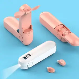 Креативный мини-вентилятор TWS, беспроводные наушники Bluetooth V5.0, стереогарнитура высокой четкости, чехол для зарядки, ручной мини-вентилятор с фонариком