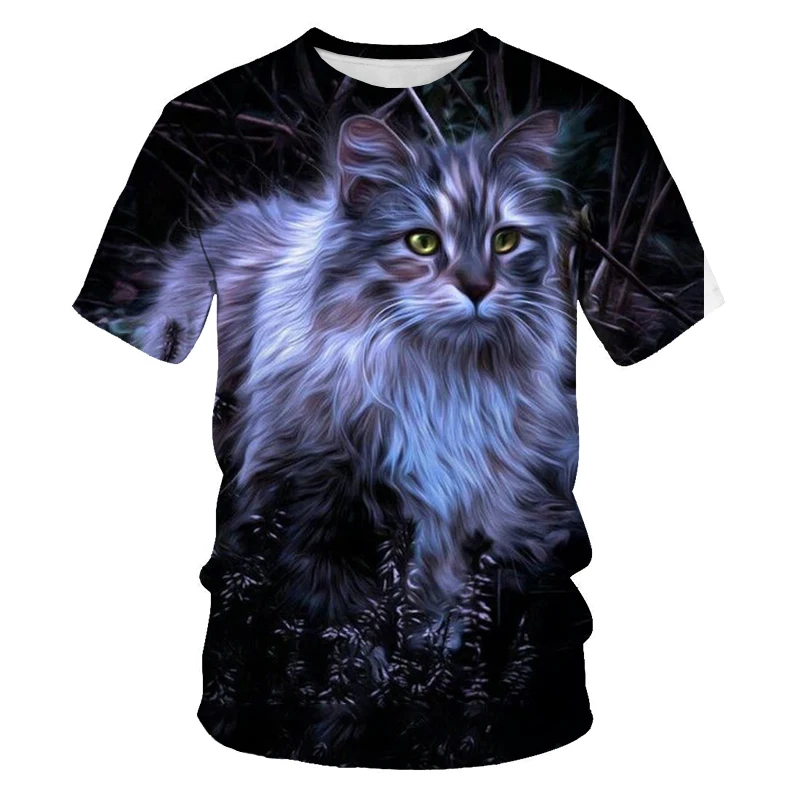 

2021 Summer Fashion New Animal World Kitty 3D Printed Pattern Men's T-shirt Casual Short Sleeve Top