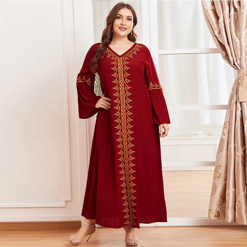 Рамадан, мусульманское арабское женское платье большого размера с вышивкой, длинным рукавом, в складку, Халяль, искусственная кожа, ретро, к...