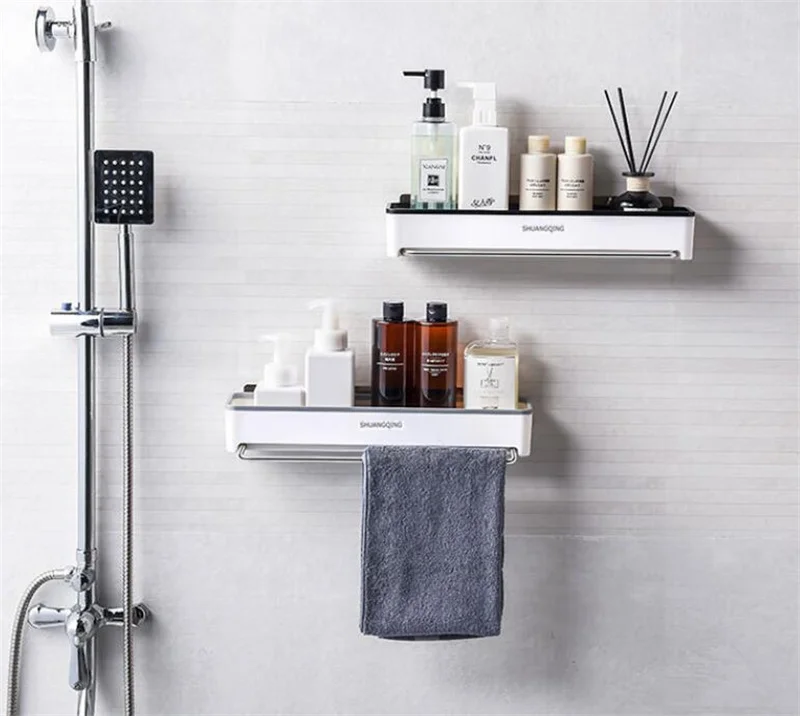 

Wall Mounted Bathroom Storage Rack for Soap Shanpoo Holder With Towel Bar Kitchen Shelf for Bathroom Accessories