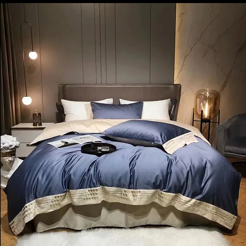 

4PCs Bedding Set 140s Full Long Staple Cotton with Embroidery Queen King Size Simple Luxury Style Cover Suitable Sleep Naked