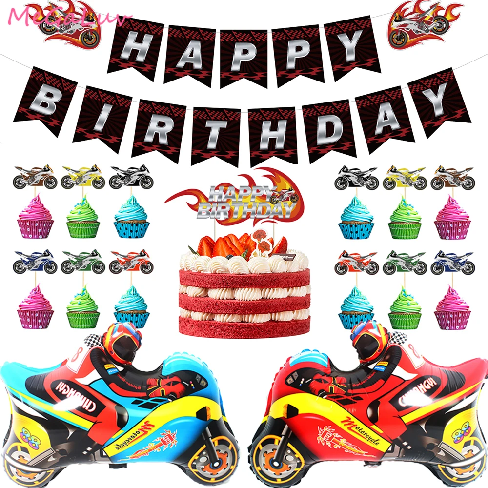 

Racing Car Theme Happy Birthday Banner Cake Topper Motorcycle Balloons Birthday Party Decoration Kids Boys Baby Shower Supplies
