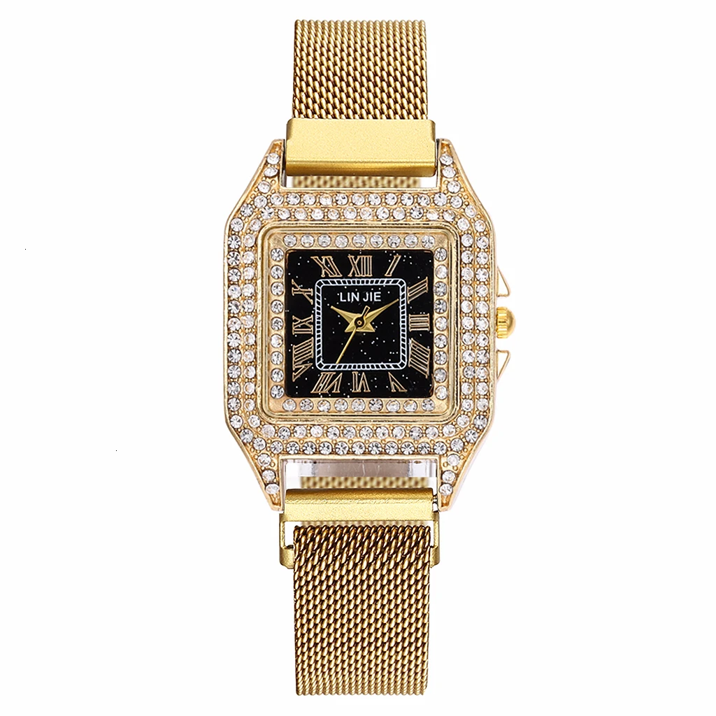 Women Magnet Buckle Square Case Shape Diamond Watch Luxury Ladies Stainless Steel Belt Quartz Watches Gift Clock - Color: gold