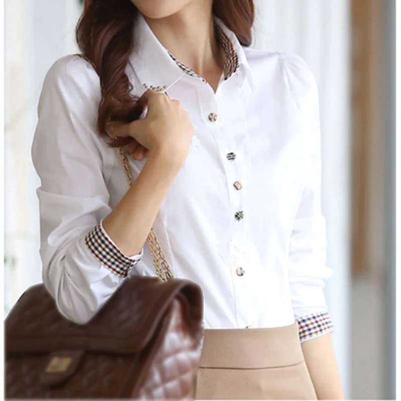 Женская деловая рубашка белая Облегающая с длинным рукавом и воротником