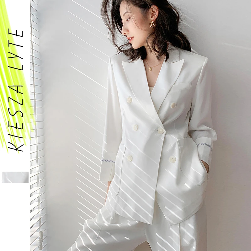 

Women pants suit 2020 new solid white chiffon blazer jacket long wide leg pants 2 piece sets female fashion casual suits outfits