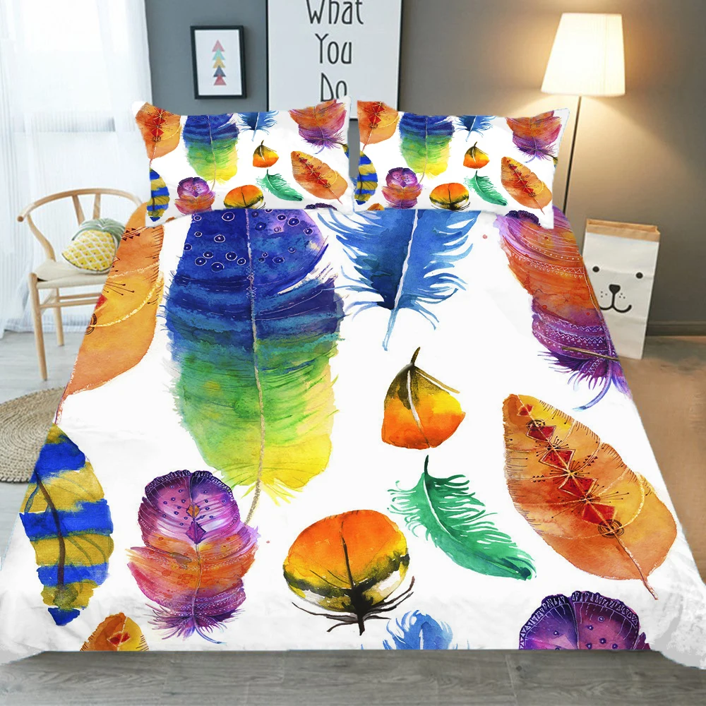 

Duvet Cover Sets Bedding Coverlet Colorful Feather Printed Bedspread with Pillowcases King Queen Single Size