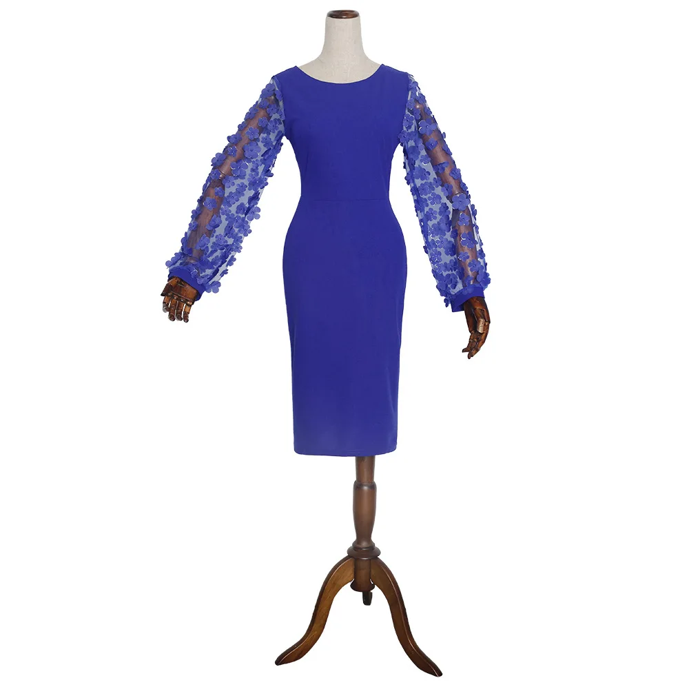 

2021 Formal Elegants Women 3D Flower Lantern Sleeve Sweet Dress Soild Mesh Patchwork O-neck Bodycon Midi Sweet Party Dresses