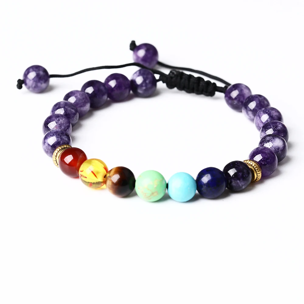 

Amethyst Tiger Eye Stone Seven Star Chakra Hand Woven Beaded Adjustable Bracelet nature stone bracelet