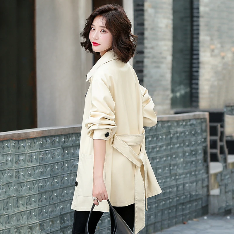 New Women Sheep Leather Jacket Spring 2022 Casual Fashion Turn-down Collar Solid Loose Sheepskin Trench Coat Leather Outerwear